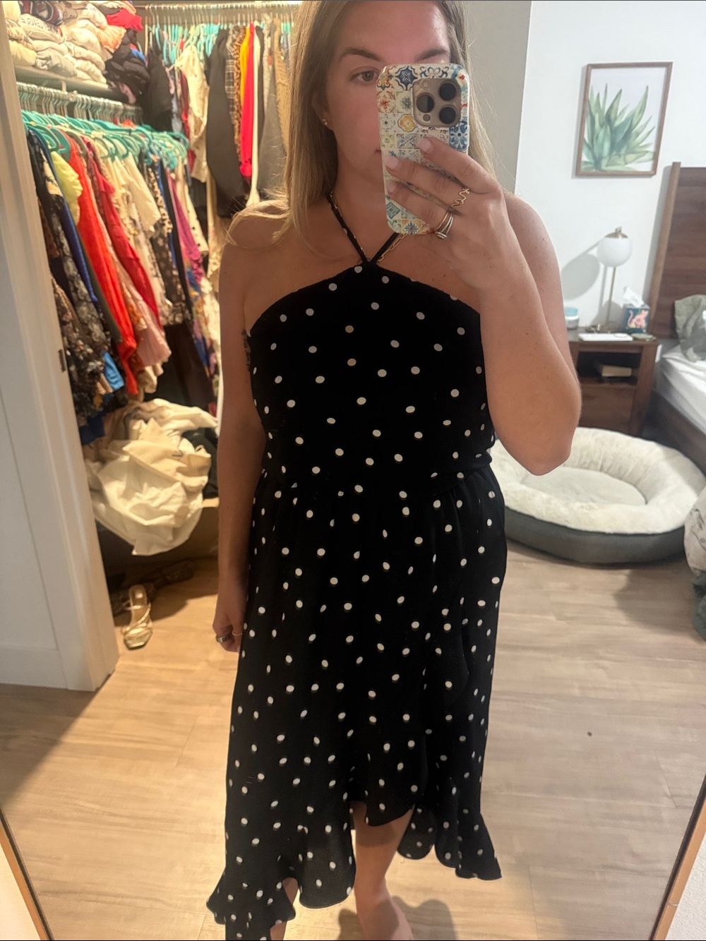 Lush Black Polka Dot Halter Midi Dress